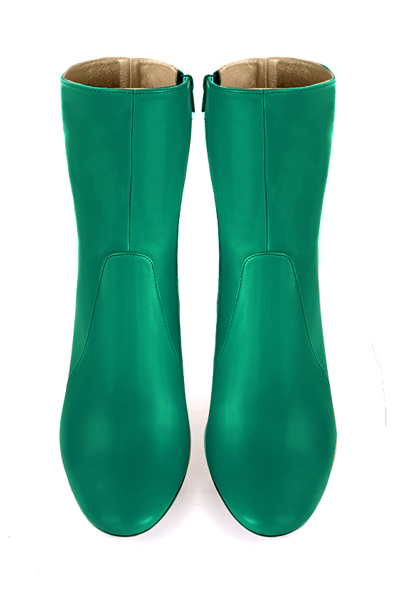 Emerald green women's ankle boots with a zip on the inside. Round toe. High block heels. Top view - Florence KOOIJMAN
